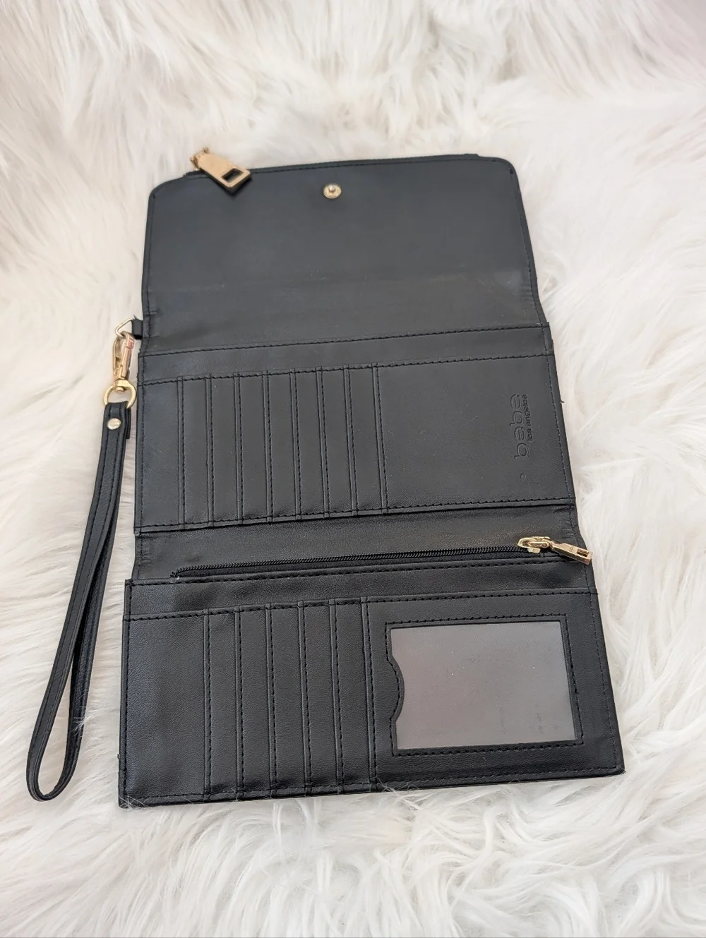 bebe Black Faux Leather Wristlet Wallet with Gold Plate